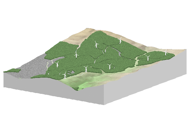 Animated orthographic GIF of a wind farm