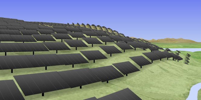 Prospect panorama view of a solar farm covering a hillside