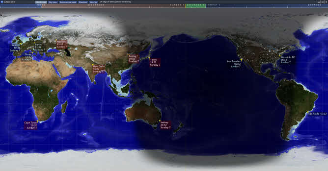 Sunclock world map showing local times at cities and the areas of night and day